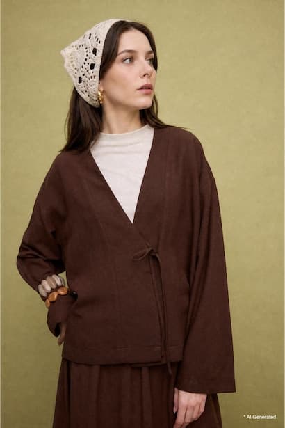 Regular Fit Linen Blend Brown Kimono (3)
