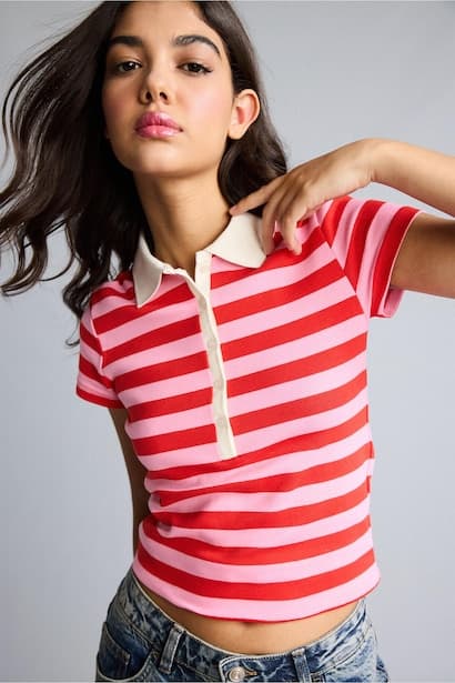 Fitted Polo Collar Ribbed Light Pink T-Shirt