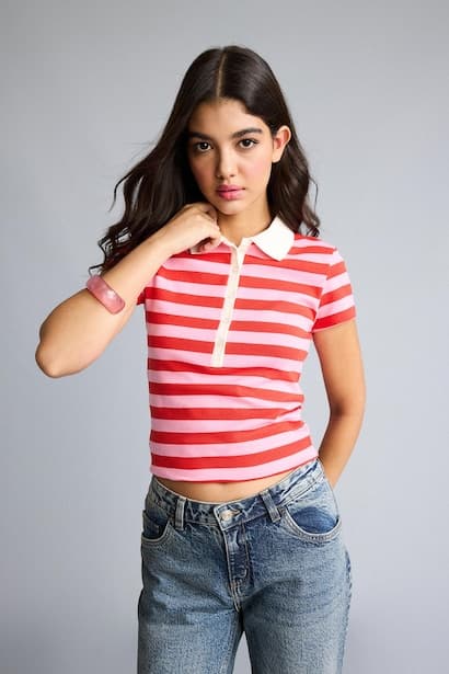 Fitted Polo Collar Ribbed Light Pink T-Shirt (3)