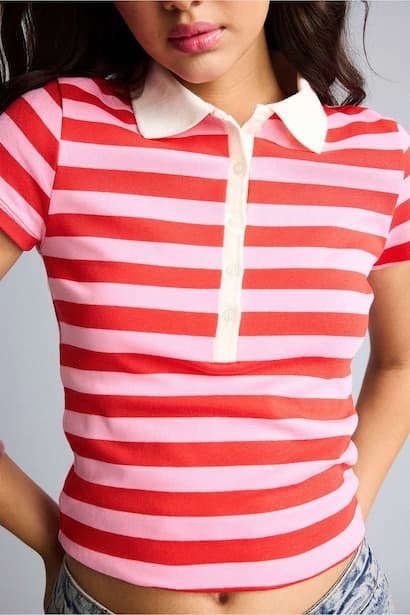 Fitted Polo Collar Ribbed Light Pink T-Shirt (4)