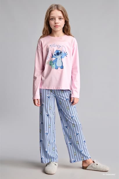 Girl 100% Cotton Disney Lilo & Stitch Top Bottom 2 Piece Pyjama Set Homewear