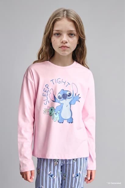 Girl 100% Cotton Disney Lilo & Stitch Top Bottom 2 Piece Pyjama Set Homewear (٣)