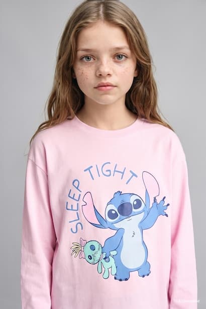 Girl 100% Cotton Disney Lilo & Stitch Top Bottom 2 Piece Pyjama Set Homewear (٤)