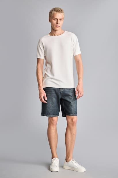 Straight Fit Navy Blue Denim Shorts