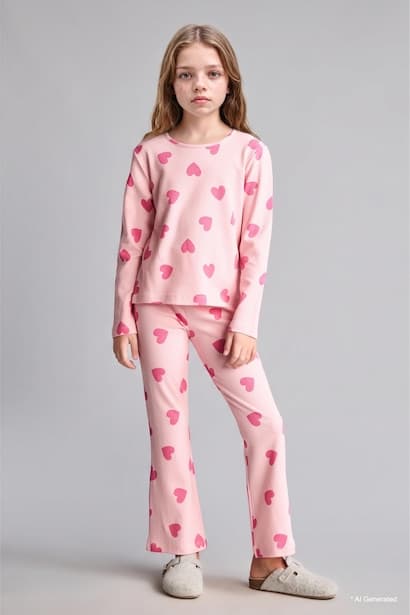 Girl 100% Cotton Long Sleeve Top and Flared Pants 2-Piece Pyjama Set Homewear