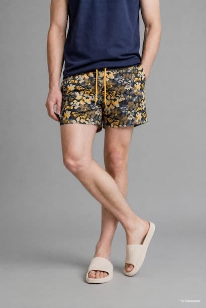 Floral Print Yellow Long Swim Shorts (4)