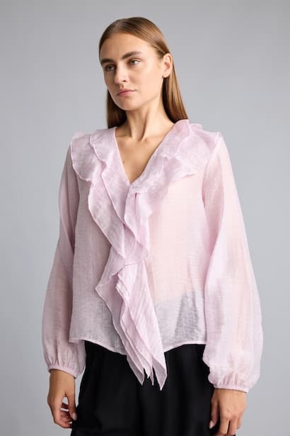 Fluid Fabric Long Sleeve V-Neck Blouse (٣)