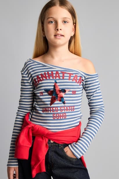 Girl Fitted Printed Boat Neck Long Sleeve T-Shirt