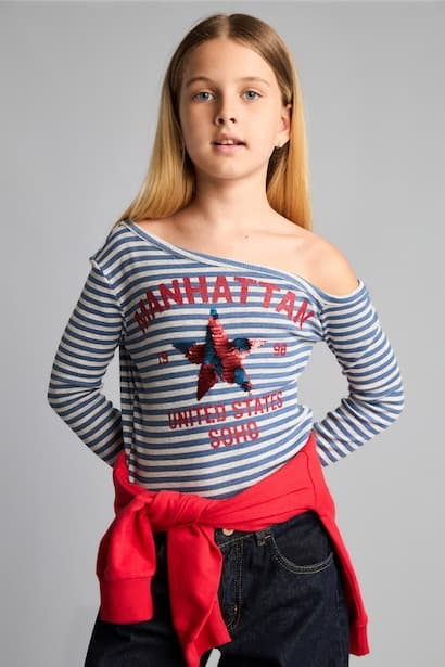 Girl Fitted Printed Boat Neck Long Sleeve T-Shirt (3)