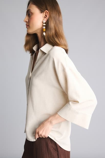 Shirt Collar Linen Blended Short Sleeve Shirt