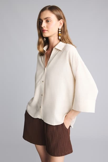 Shirt Collar Linen Blended Short Sleeve Shirt (3)