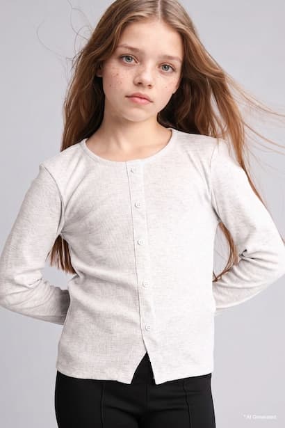 Girl Cotton Fitted Button-Down Ribbed T-Shirt