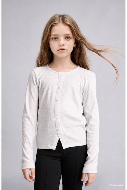 Girl Cotton Fitted Button-Down Ribbed T-Shirt (٣)