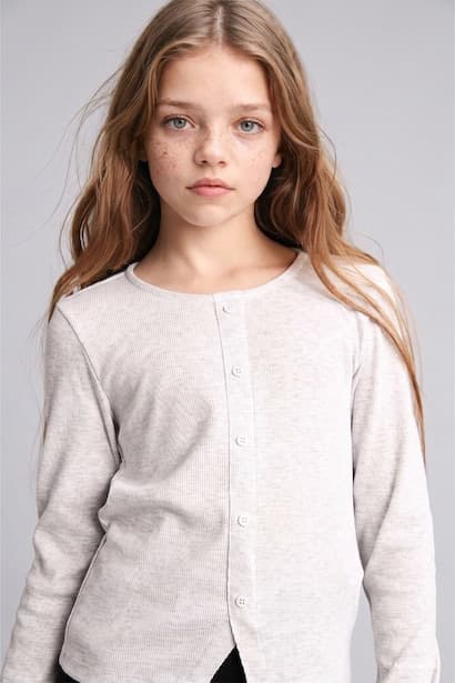 Girl Cotton Fitted Button-Down Ribbed T-Shirt (٤)