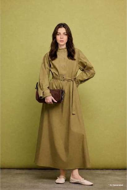 Khaki 100% Cotton Poplin Long Sleeve Maxi Dress