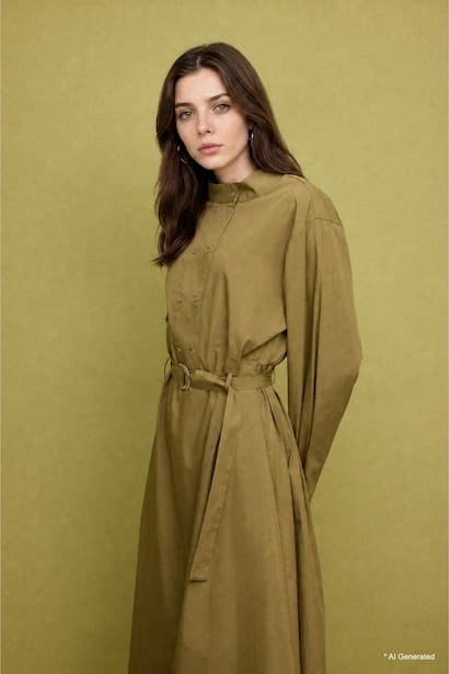 Khaki 100% Cotton Poplin Long Sleeve Maxi Dress (3)