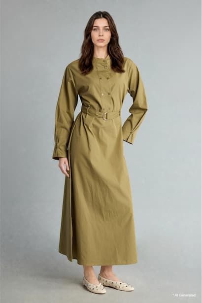 Khaki 100% Cotton Poplin Long Sleeve Maxi Dress (4)