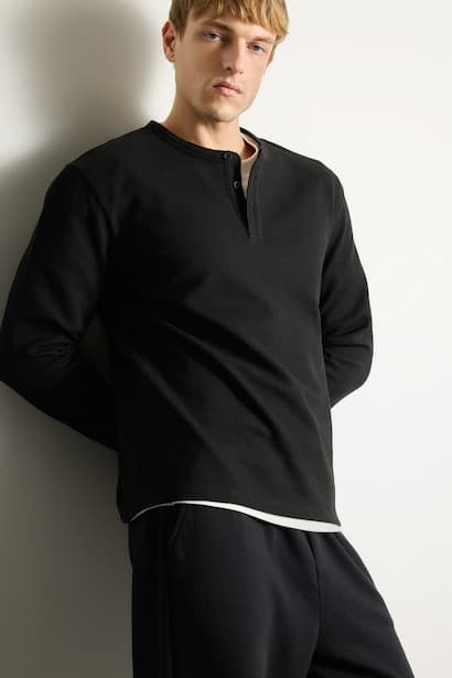 Regular Fit Basic Waffle Long Sleeve Henley T-Shirt