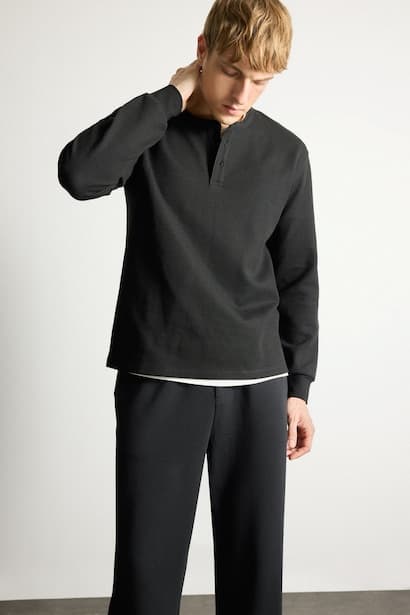 Regular Fit Basic Waffle Long Sleeve Henley T-Shirt (٤)