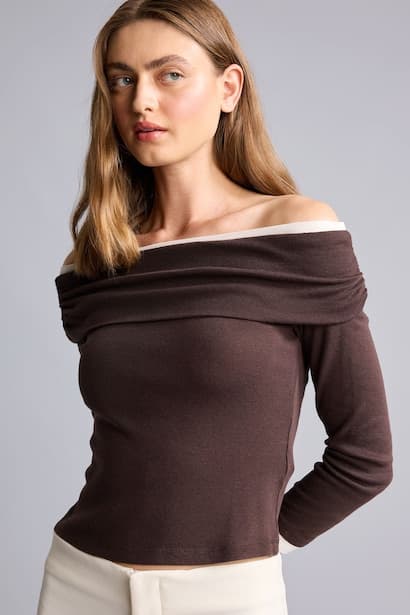 Slim Fit Off Shoulder Ribbed Long Sleeve Basic T-Shirt (3)
