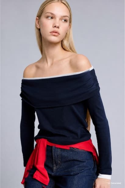 Slim Fit Off Shoulder Ribana Long Sleeve T-Shirt