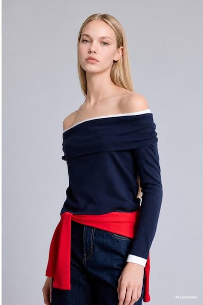 Slim Fit Off Shoulder Ribana Long Sleeve T-Shirt (3)