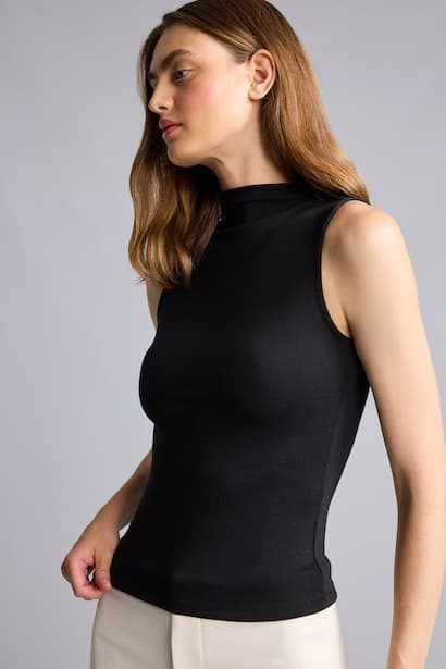 Slim Fit Black Ribbed High Neck Tank Top