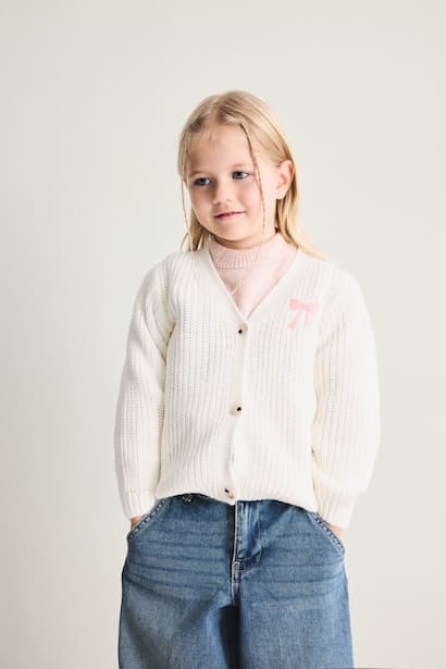Baby Girl V-Neck 3D Bow Detail Knit Cardigan
