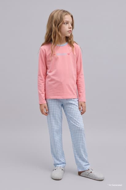 100% Cotton Long Sleeve Crew Neck Top and Elastic Waist Pyjama Trousers Set Homewear