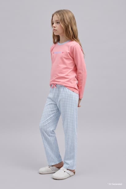 100% Cotton Long Sleeve Crew Neck Top and Elastic Waist Pyjama Trousers Set Homewear (٣)