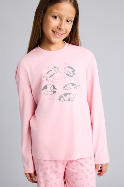 Girl 100% Cotton Printed Long Sleeve Top Long Bottom Pyjama Set Homewear (٣)