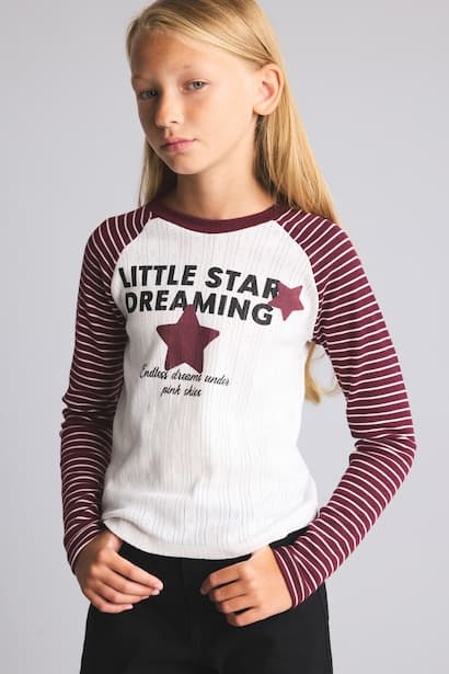 Girl 100% Cotton Striped Raglan Long Sleeve Crew Neck Printed T-Shirt