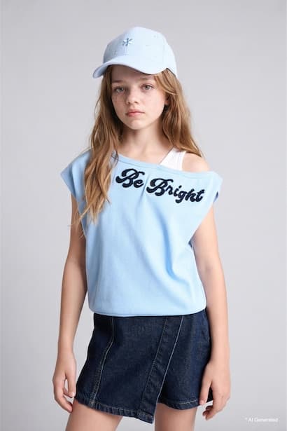 Girl Light Blue Printed Boat Neck Short Sleeve T-Shirt