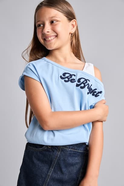 Girl Light Blue Printed Boat Neck Short Sleeve T-Shirt (٤)
