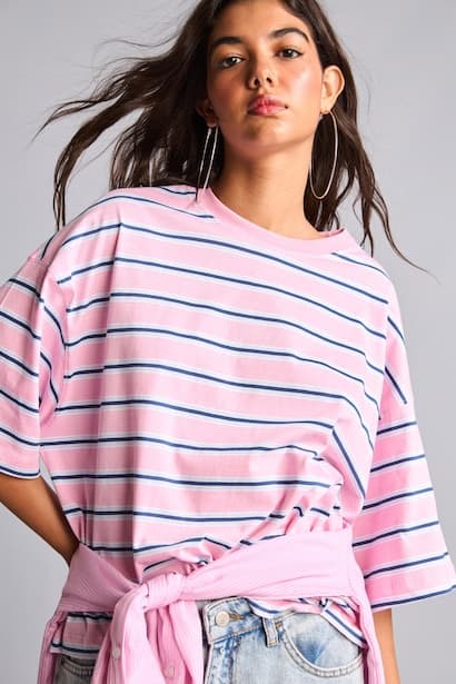 100% Cotton Loose Fit Crew Neck Striped T-Shirt