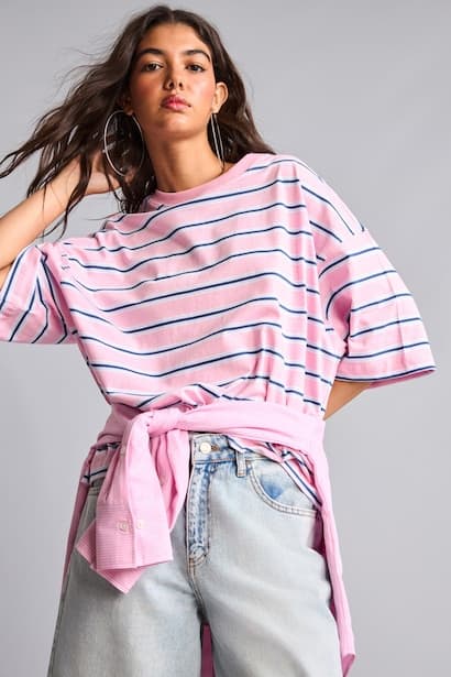 100% Cotton Loose Fit Crew Neck Striped T-Shirt (٣)