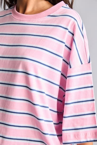 100% Cotton Loose Fit Crew Neck Striped T-Shirt (٤)