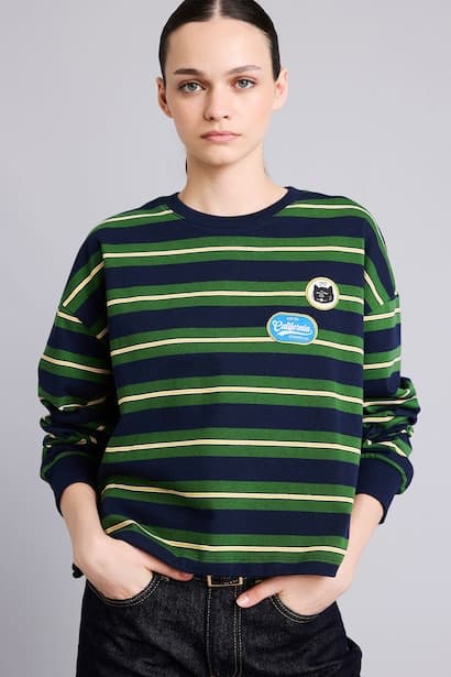 Loose Fit 100% Cotton Printed Striped Crew Neck Sweatshirt