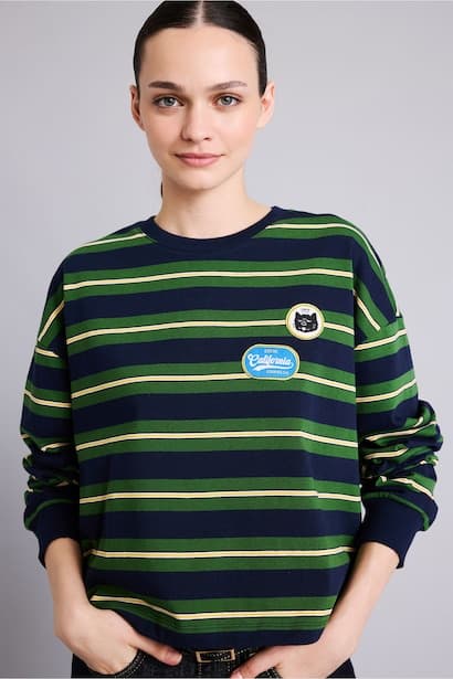 Loose Fit 100% Cotton Printed Striped Crew Neck Sweatshirt (3)