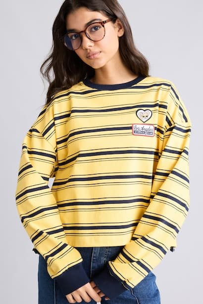Loose Fit 100% Cotton Printed Striped Crew Neck Sweatshirt Knitwear