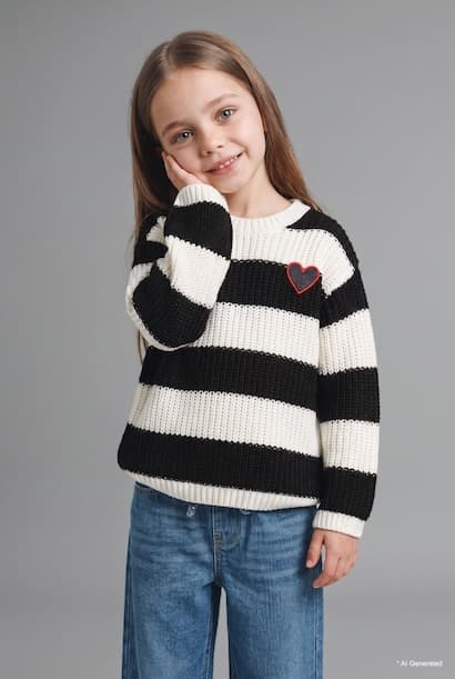 Baby Girl Striped Heart Details Crew Neck Knit Pullover