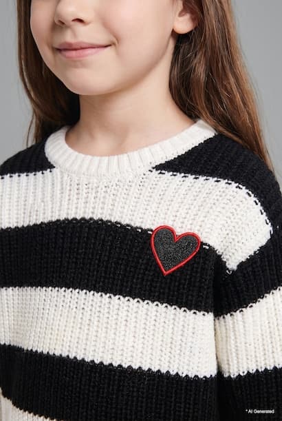 Baby Girl Striped Heart Details Crew Neck Knit Pullover (٣)