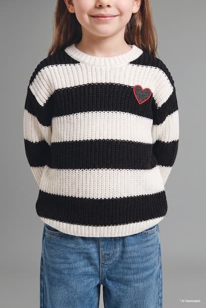 Baby Girl Striped Heart Details Crew Neck Knit Pullover (٤)