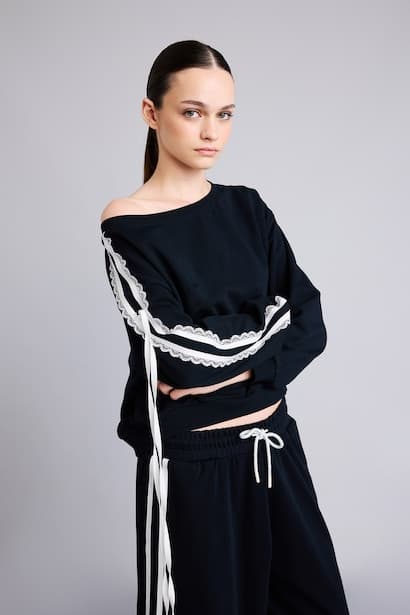 Oversize Fit Basic Boat Neck Lace Bands Detailed Sweatshirt Knitwear (٣)