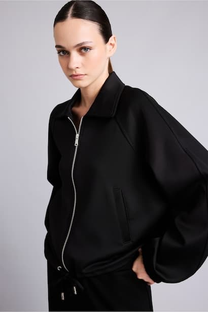 Oversize Fit Scuba Fabric Polo Collar Cardigan