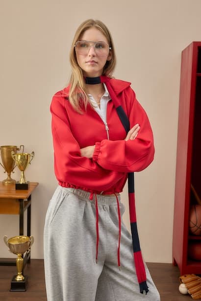 Oversize Fit Scuba Polo Neck Zip-Up Cardigan (٣)