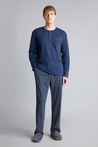 100% Cotton Henley Neck 2 Piece Pyjama Set Homewear