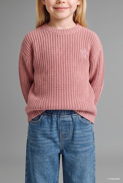 Baby Girl Ribbed Knit Star Embroidery Pullover (٣)