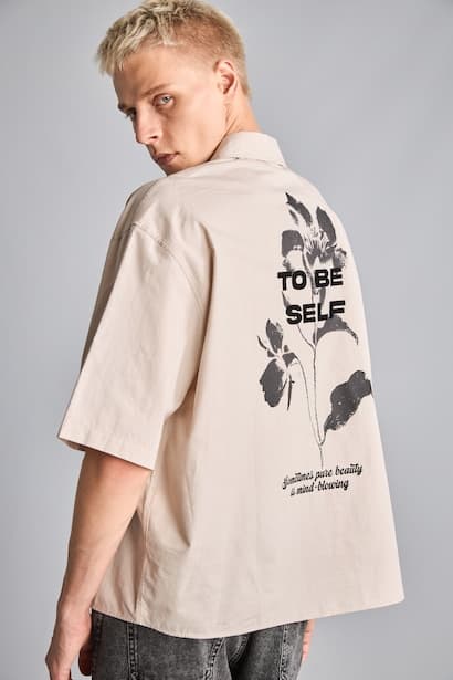 Boxy Fit Shirt Collar Printed Cotton Short Sleeve Shirt