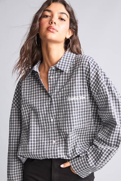 Girl Oversize Fit Cotton Checkered Long Sleeve Waffle Shirt